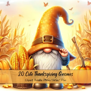 Paquete de imágenes prediseñadas de gnomos de feliz día de acción de gracias, imágenes prediseñadas de gnomos de acuarela, archivos de otoño de alta calidad, descarga de gráficos digitales
