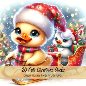 Lindo paquete de imágenes prediseñadas de patos navideños, imágenes prediseñadas de patos navideños, archivos de animales de acuarela de alta calidad, gráficos divertidos de animales festivos, invierno