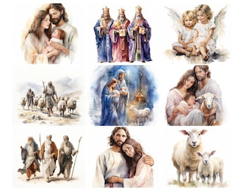 Puede incluir: Una pintura de acuarela que representa varias escenas de la historia de la Natividad. La pintura incluye imágenes de los tres reyes magos, María y José con el niño Jesús, pastores con ovejas y ángeles.