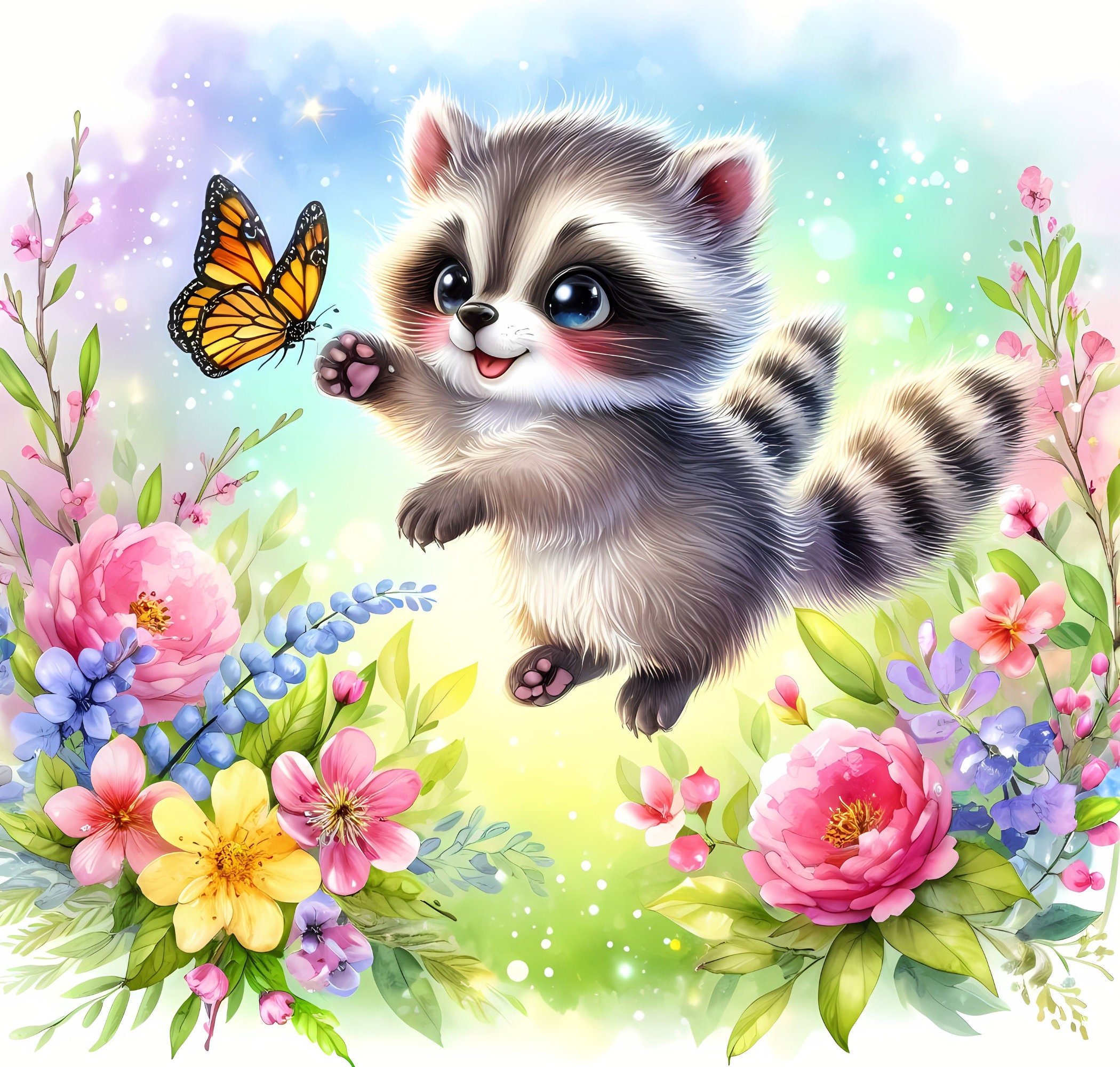 Spring Raccoon Pattern Cute Spring Raccoons Clipart Bundle, Watercolor Clip Art Images, 20 ...