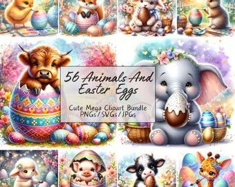 56 Cute Animals And Easter Eggs Clipart Bundle, High Quality Watercolor Animal Images, Digital Download Graphics, Instant Clip Art Files