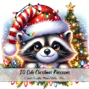 Lindo paquete de imágenes prediseñadas de mapaches navideños, imágenes prediseñadas de mapaches navideños, archivos de animales de acuarela de alta calidad, gráficos de animales festivos, invierno