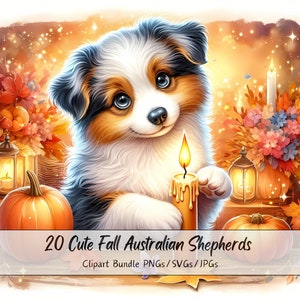 Lindo paquete de imágenes prediseñadas de pastores australianos de otoño, imágenes prediseñadas de pastor de acuarela, perros de animales de alta calidad, perros animales de otoño digitales