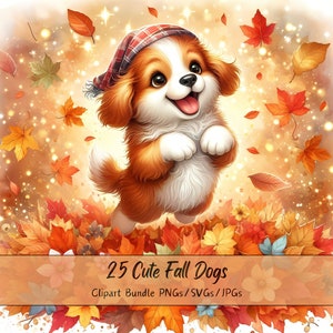 Lindo paquete de imágenes prediseñadas de perros de otoño, Imágenes prediseñadas de perro de otoño de acuarela, Archivos de animales de alta calidad, Gráficos digitales divertidos de animales, Cachorros