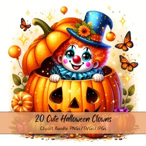 Lindo paquete de imágenes prediseñadas de payasos de Halloween, imágenes prediseñadas de payasos de acuarela, criaturas aterradoras de alta calidad, descarga de criaturas digitales divertidas, otoño