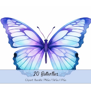 Pacchetto clipart farfalle acquerello, farfalla carina, 20, PNG/JPG/SVG, uso commerciale, viola, blu, rosa, verde, download digitale