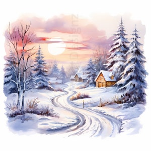 38 beaux paysages de Noël, lot de cliparts aquarelle, fond de Noël, PNG/SVG/JPG, incroyables scènes d'hiver au pays des merveilles