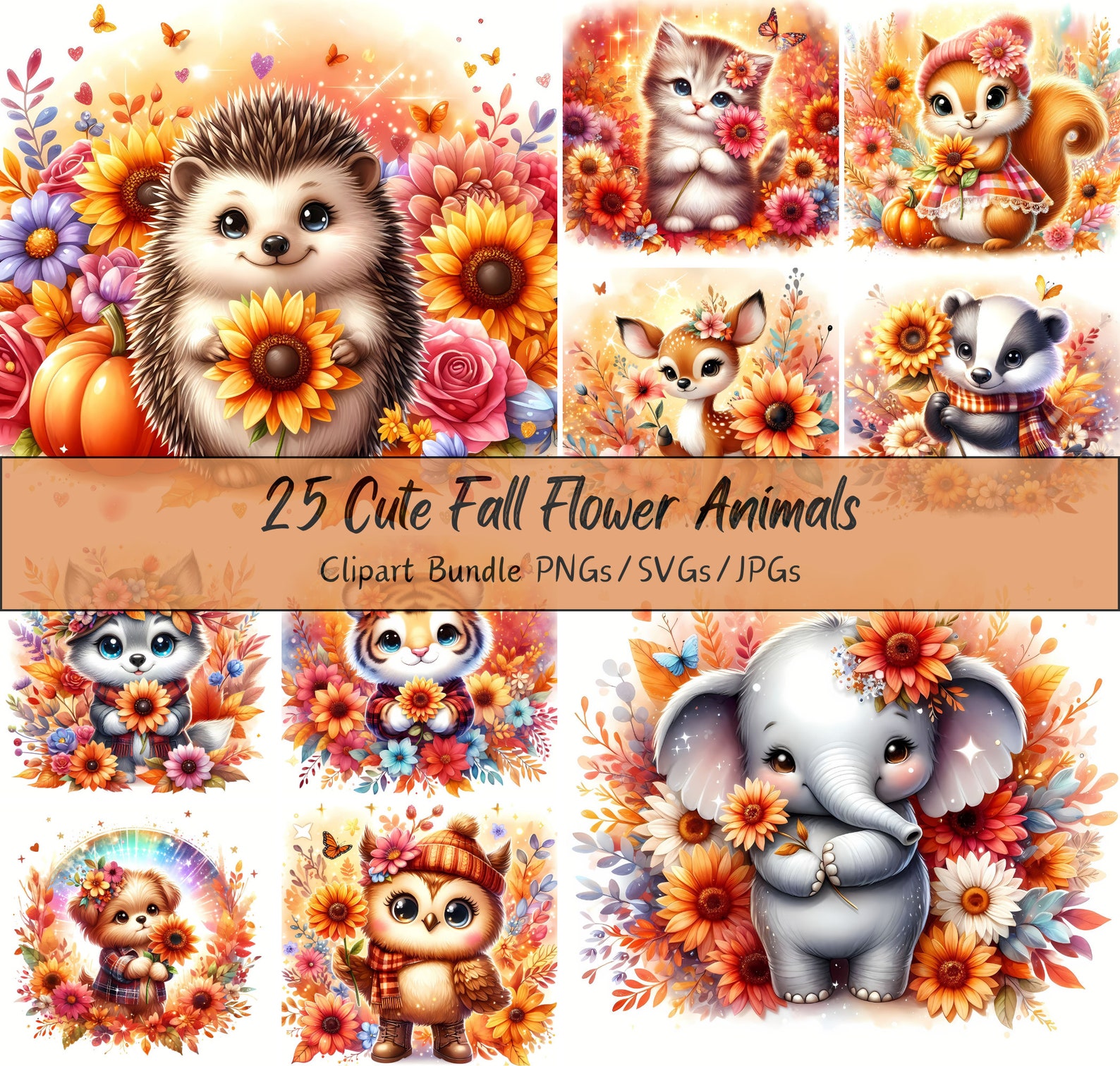 Cute Fall Flower Animals Clipart Bundle, Watercolor Animal Clip Art ...
