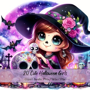Lindo paquete de imágenes prediseñadas de chicas de Halloween, imágenes prediseñadas de chicas en acuarela, descarga digital divertida y aterradora de alta calidad para niños, otoño para niños