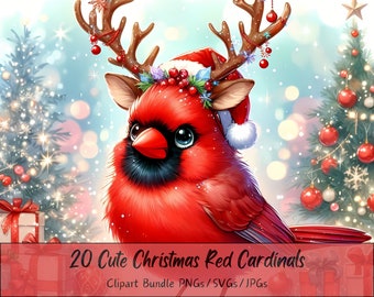 Op de afbeelding: Een schattige rode kardinaal met een kerstmanmuts en rendiergewei. De kardinaal is omringd door kerstboom en cadeaus. 20 schattige rode kerstkaardinals Clipart Bundle PNGs/SVGs/JPGs
