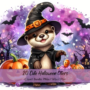 Lindo paquete de imágenes prediseñadas de nutrias de Halloween, imágenes prediseñadas de nutrias de acuarela, animales de alta calidad aterradores, descarga divertida de animales digitales, otoño