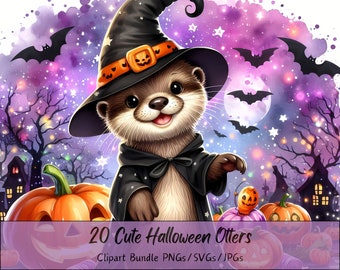 Schattige Halloween-otters clipartbundel, aquarel otter illustraties, hoge kwaliteit dieren eng, leuke digitale dierendownload, herfst