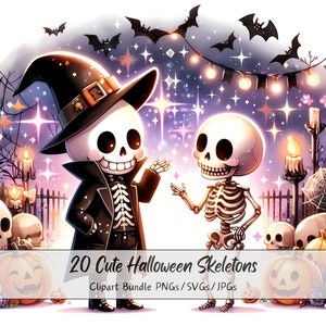 Lindo paquete de imágenes prediseñadas de esqueletos de Halloween, imágenes prediseñadas de esqueletos de acuarela, criaturas aterradoras de alta calidad, descarga de criaturas digitales divertidas