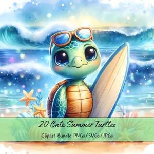Bundle de cliparts tortues d'été mignon, aquarelle tortue Clip Art Images, fichiers animaux de haute qualité, graphiques numériques animaux, téléchargement unique
