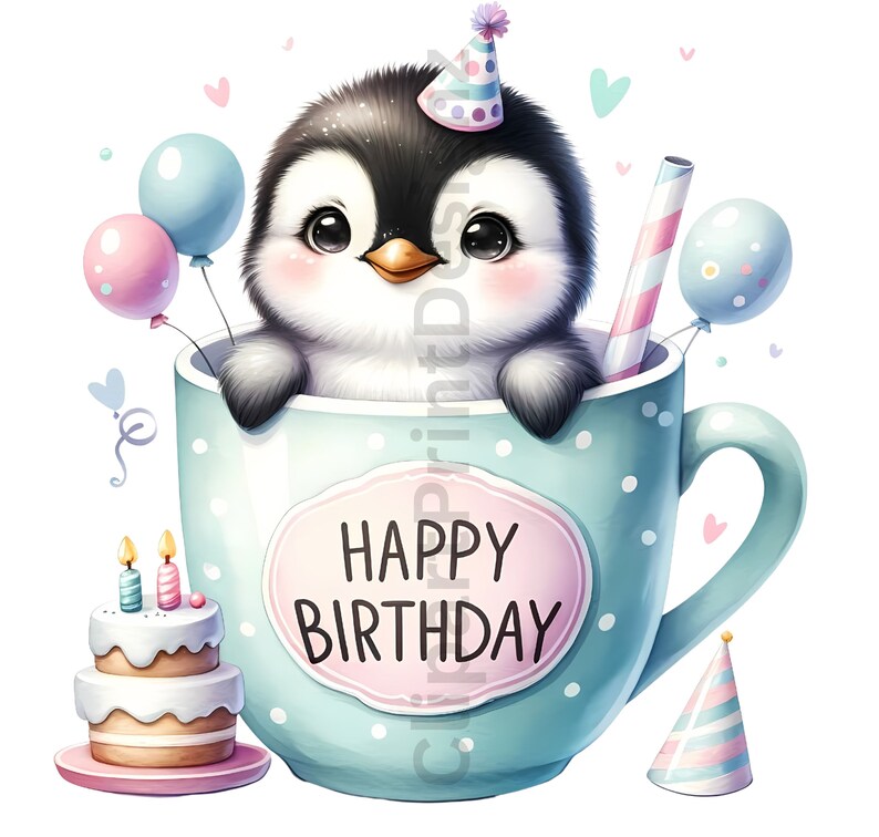 Pode incluir: Um pinguim fofo usando um chap&eacute;u de festa est&aacute; sentado em uma caneca azul e branca de bolinhas com as palavras "Feliz anivers&aacute;rio" nela. H&aacute; um bolo de anivers&aacute;rio com duas velas e um bal&atilde;o rosa e azul ao lado da caneca.