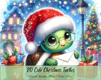 Cute Christmas Turtles Clipart Bundle, Xmas Turtle Clip Art Images, Watercolor High Quality Animals File, Fun Festive Winter Animal Graphics