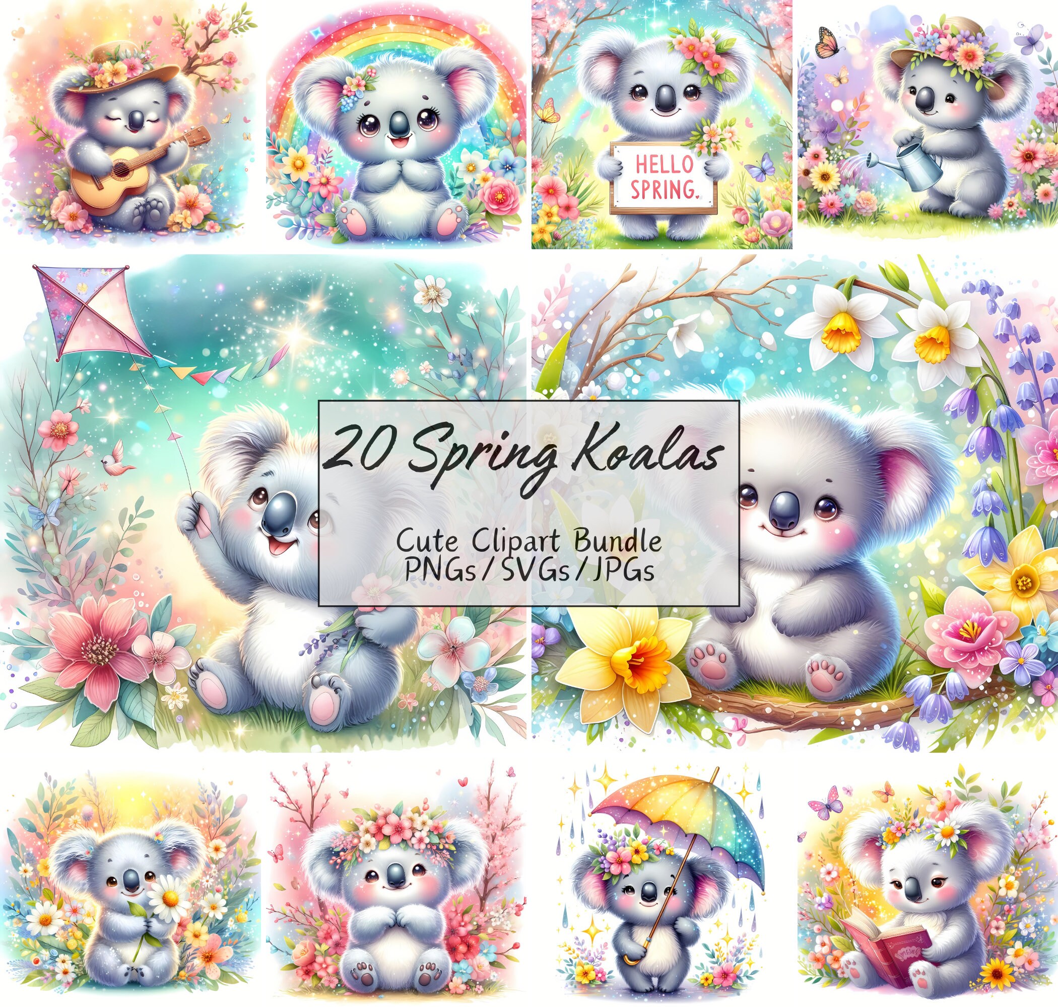 Cute Spring Koala Clipart Bundle, Watercolor Clip Art Images, High ...