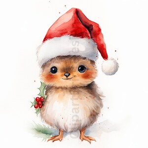 May include: A watercolor painting of a cute brown and white chick wearing a red Santa hat with a white pom-pom and holding a sprig of holly with red berries.