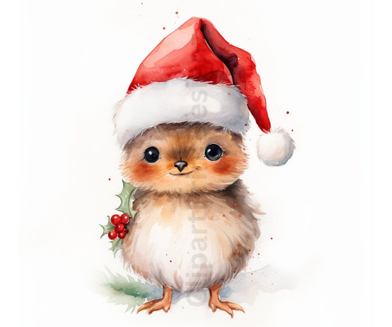 May include: A watercolor painting of a cute brown and white chick wearing a red Santa hat with a white pom-pom and holding a sprig of holly with red berries.