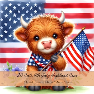 Niedliches 4. Juli Highland Kühe Clipart-Bundle, Aquarell Vaterländische Tiere, hochwertige Clip Art Bilder, Amerikanische Kuh zum Unabhängigkeitstag Tier