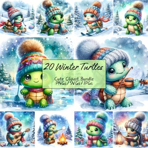 Lindo paquete de imágenes prediseñadas de tortugas de invierno, imágenes festivas de imágenes prediseñadas de acuarela, 20 PNG/SVG/JPG de alta calidad, artesanía de papel digital, diario basura