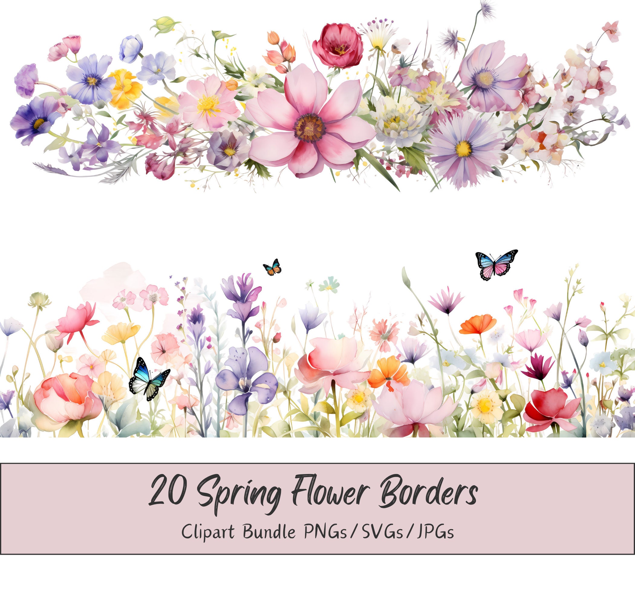 Watercolor Spring Flower Borders, Clipart Bundle, 20 High Quality PNGs/SVGs/JPGs, Card Making, Spring Floral Images, Commercial Use