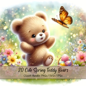 Lindo paquete de imágenes prediseñadas de osos de peluche de primavera, imágenes prediseñadas de acuarela, archivos de peluches de alta calidad, descarga digital divertida, gráficos de animales