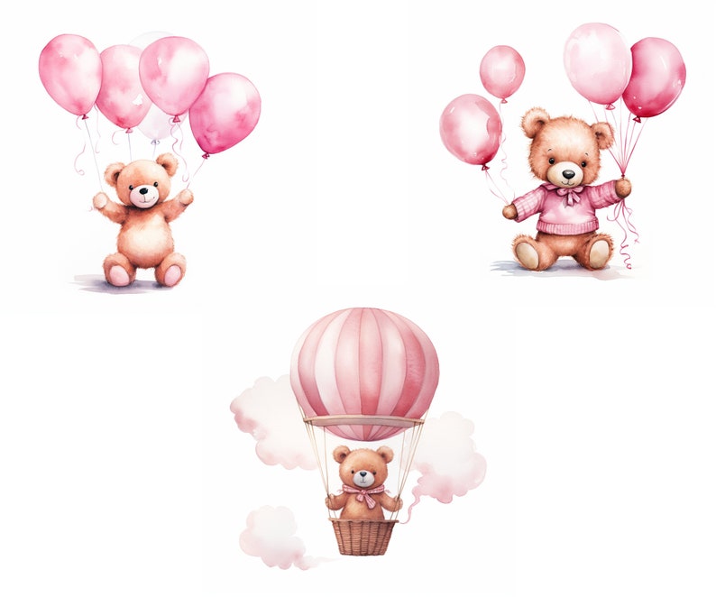 Pink Watercolor Teddy Bear Clipart Bundle, Cute Baby Shower Clipart ...