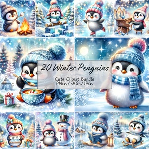 Lindo paquete de imágenes prediseñadas de pingüino de invierno, imágenes prediseñadas de acuarela, 20 PNG/SVG/JPG de alta calidad, caprichoso, artesanía de papel digital, diario basura