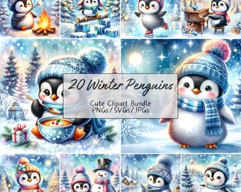 Cute Winter Penguin Clipart Bundle, Watercolor Clip Art Images, 20 High Quality PNGs/SVGs/JPGs, Whimsical, Digital Paper Craft, Junk Journal