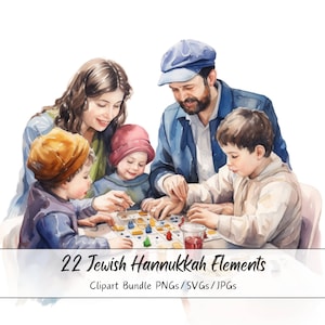 Bundle de cliparts juif de Hanoucca à l'aquarelle, 22 PNGs/JPGS/SVG de haute qualité, art numérique, clipart Torah, étoile de David, téléchargement immédiat