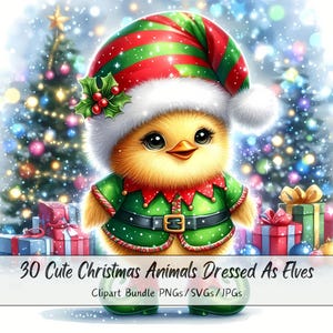 Lindo paquete de imágenes prediseñadas de animales elfos navideños, imágenes prediseñadas de elfos navideños, archivos de animales de acuarela de alta calidad, gráficos de animales festivos, invierno