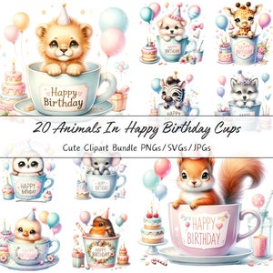Pode incluir: Um conjunto de 20 imagens de clipart digitais que apresentam animais fofinhos em x&iacute;caras de ch&aacute; coloridas com o texto "Feliz anivers&aacute;rio". Os animais incluem um le&atilde;o, uma zebra, uma girafa, uma coruja, um elefante, um esquilo, um pintarroxo, um pintinho e muito mais. As imagens s&atilde;o perfeitas para criar cart&otilde;es de anivers&aacute;rio, convites, decora&ccedil;&otilde;es de festa e outras manualidades.