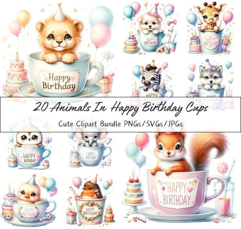 Pode incluir: Um conjunto de 20 imagens de clipart digitais que apresentam animais fofinhos em x&iacute;caras de ch&aacute; coloridas com o texto "Feliz anivers&aacute;rio". Os animais incluem um le&atilde;o, uma zebra, uma girafa, uma coruja, um elefante, um esquilo, um pintarroxo, um pintinho e muito mais. As imagens s&atilde;o perfeitas para criar cart&otilde;es de anivers&aacute;rio, convites, decora&ccedil;&otilde;es de festa e outras manualidades.