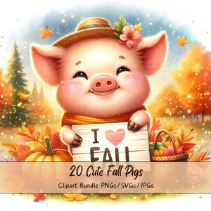 Lindo paquete de imágenes prediseñadas de cerdos de otoño, imágenes prediseñadas de cerdos de acuarela, archivos de animales de alta calidad, divertido gráfico de animales digitales, descarga de otoño