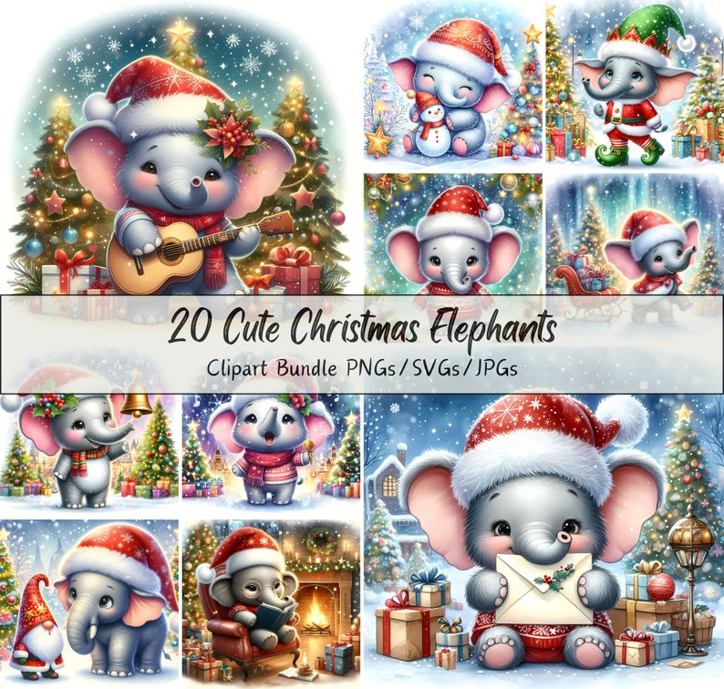 Cute Christmas Elephants Clipart Bundle, Xmas Elephant Clip Art Images ...