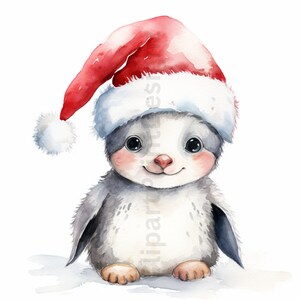 May include: A watercolor painting of a penguin wearing a red Santa hat. The penguin is sitting on a white background and has a cute, smiling expression.