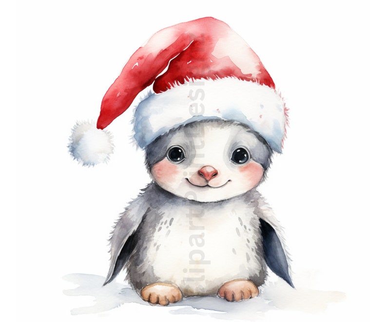 May include: A watercolor painting of a penguin wearing a red Santa hat. The penguin is sitting on a white background and has a cute, smiling expression.