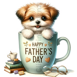 May include: A cute brown and white puppy dog sits inside a blue mug with the text "Happy Father's Day" on it. The mug is surrounded by books and glasses.