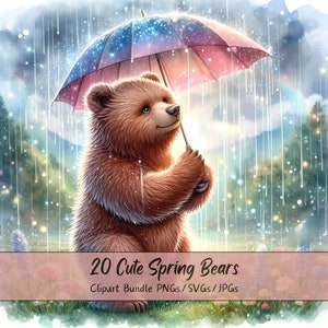 Lindo paquete de imágenes prediseñadas de osos de primavera, imágenes de imágenes prediseñadas de acuarela, archivos de osos de alta calidad, divertidos gráficos de animales digitales, descarga única