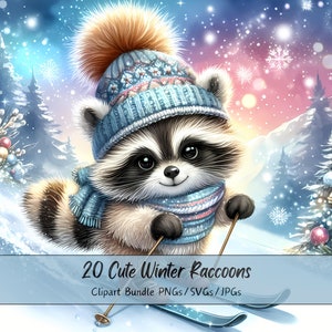 Bundle de clipart mignon raton laveur d'hiver, images clipart aquarelle festives, 20 fichiers PNG/SVG/JPG de haute qualité, créations numériques en papier, journal indésirable