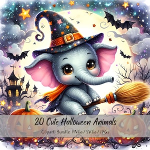 Lindo paquete de imágenes prediseñadas de animales de Halloween, imágenes prediseñadas de acuarela, animales de alta calidad aterradores, descarga digital divertida, otoño otoño, perro gato