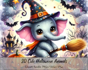 Cute Halloween Animals Clipart Bundle, Watercolor Clip Art Images, High Quality Animals Scary, Fun Digital Download, Autumn Fall, Dog Cat