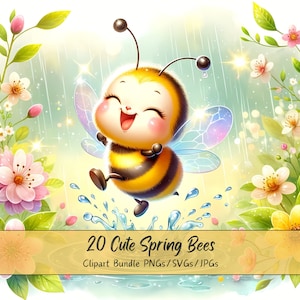 Süßes Frühlingsbienen-Clipart-Bundle, Aquarell-ClipArt-Bilder, 26 hochwertige PNGs/SVGs/JPGs, digitales Papierhandwerk, Kartenherstellung, Sublimation