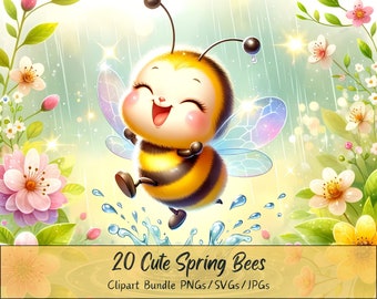 Cute Spring Bees Clipart Bundle, Watercolor Clip Art Images, 26 High Quality PNGs/SVGs/JPGs, Digital Paper Craft, Card Making, Sublimation
