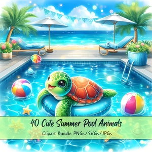 Süßes Sommer-Pool-Tiere-Clipart-Bundle, Aquarell-Sonnen-ClipArt-Bilder, einzigartige hochwertige Dateien, digitaler Tiergrafik-Download
