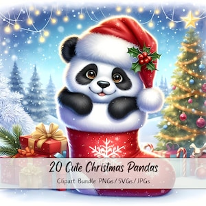 Cute Christmas Pandas Clipart Bundle, Xmas Panda Clip Art Images, Watercolor High Quality Animals Files, Fun Festive Animal Graphics, Winter