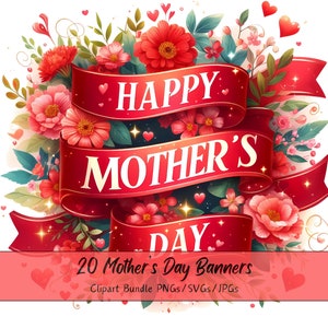 Bundle de cliparts bannières heureuse fête des mères, Images clipart aquarelle, fichiers maman de haute qualité, téléchargement graphique amour numérique, fabrication de cartes