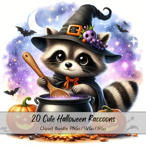 Bundle de cliparts mignons ratons laveurs d'Halloween, Images clipart aquarelle raton laveur, animaux de haute qualité effrayants, amusants en téléchargement numérique, automne