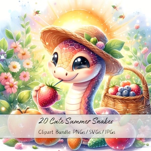 Pacote de clipart de cobras fofas de verão, imagens de clipart de cobra em aquarela, arquivos de animais de alta qualidade, gráficos digitais de animais, download exclusivo